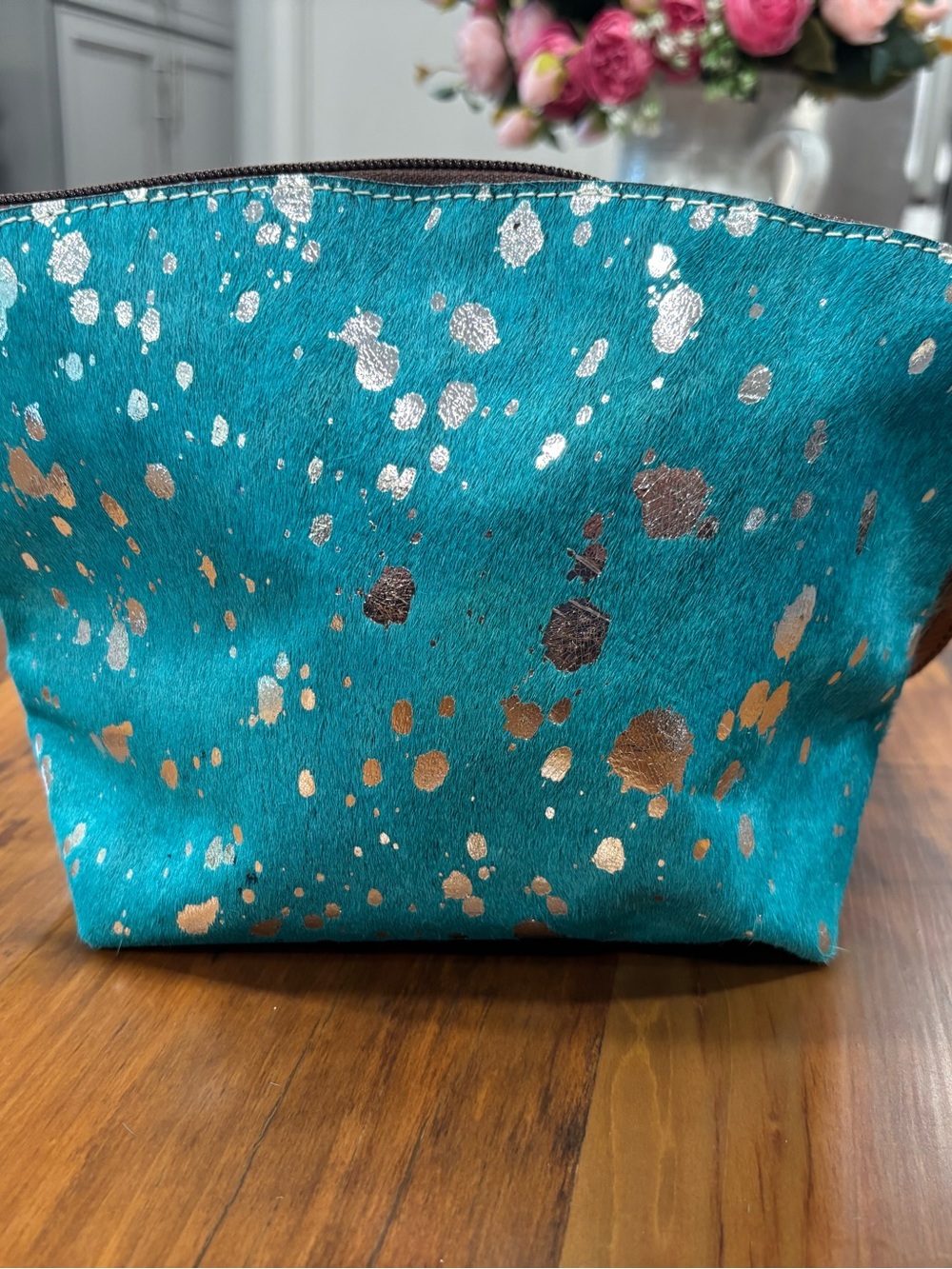 American Darling Turquoise Cowhide Leather Zipper Clutch w brown trim and strap - Picture 7 of 9